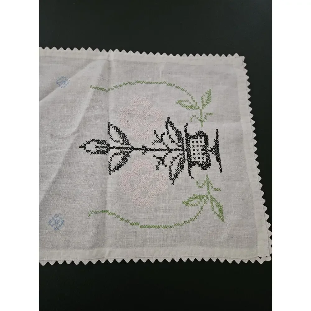 Hand Cross-Stitched Dresser Scarf Table Runner Black/pink flowers 37” by 15”